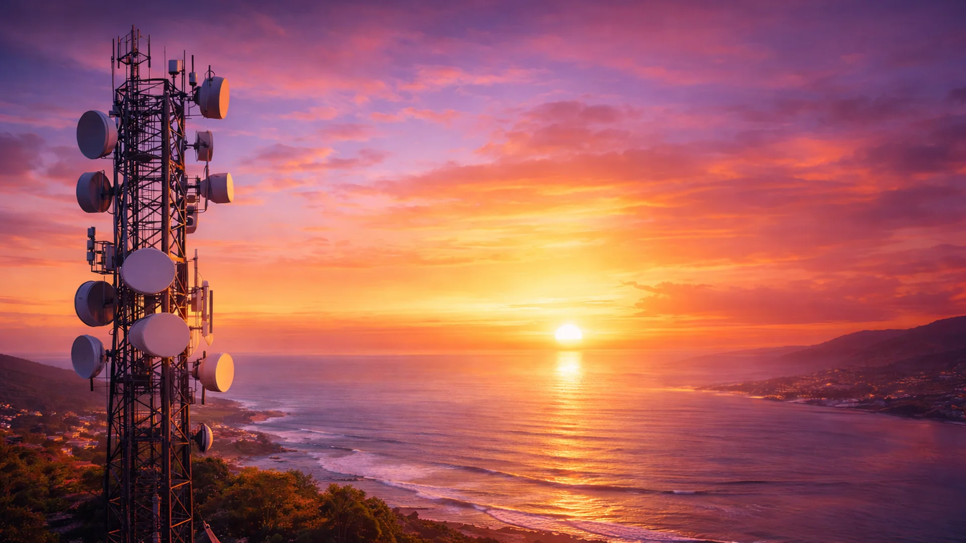 Wireless communications tower overlooking the coastline at sunset